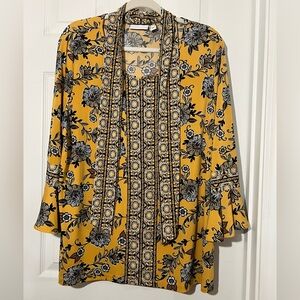 👗Susan Graver Yellow Floral tie neck Blouse size xlarge